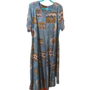 Vintage Swift Originals Dress Women's Large Purple Blue Batik Maxi Short Sleeve